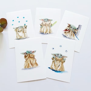 Grogu Postkarten Set | Baby Yoda Grußkarten | Rückseite blanko | Grogu Fans Geschenk | The Mandalorian Fan Art | Star Wars Fan Art | 5er Set