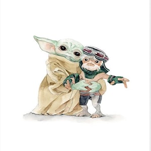 May include: Watercolour illustration featuring Grogu, also known as Baby Yoda, and a small alien character. Grogu is wrapped in a tan cloak, and the other character wears goggles and a green scarf. The artwork is on a white background.