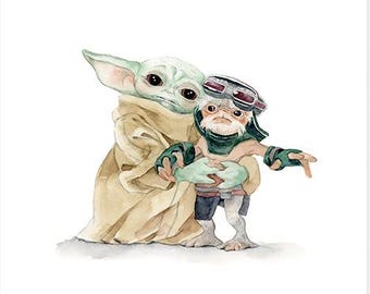 Grogu Watercolor Print, The Mandalorian, Anzellan Fan Art (5x7 inches)