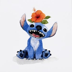 A5 / 5&quot;x7&quot; Stitch Watercolor Print, Lilo & Stitch Wall Art, Hibiscus Flower, Hawaiian Nursery Decor, Stitch Nursery Art, Stitch Fan Art Gift