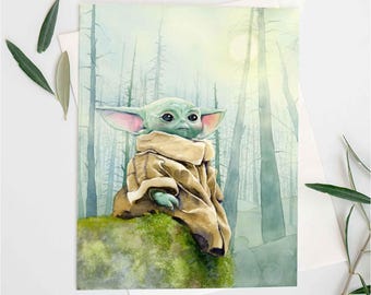 Lámina de acuarela de Grogu y The Mandalorian, fan art de Star Wars