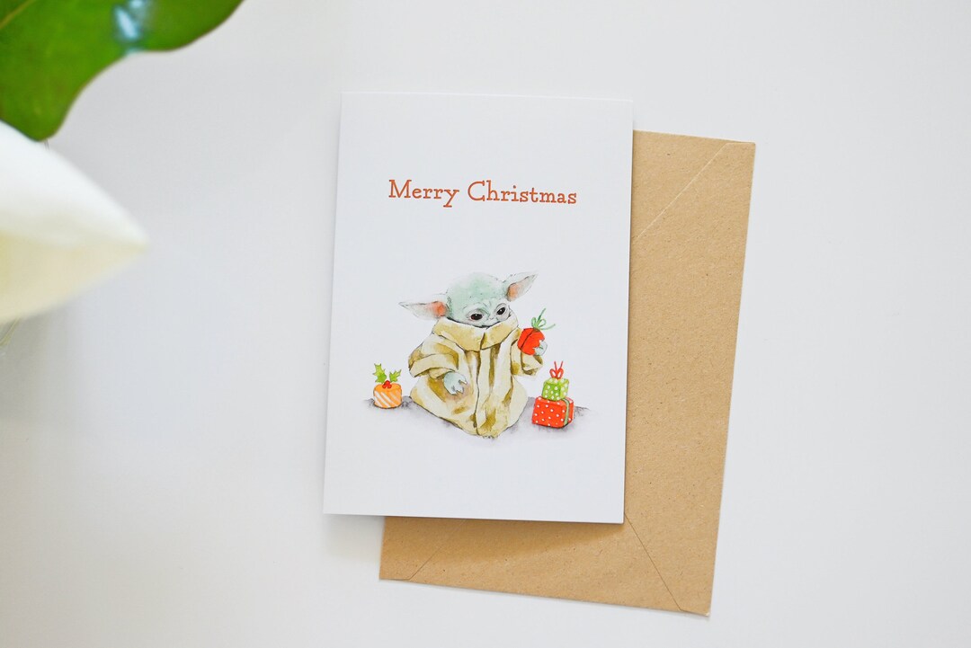 Baby Yoda Christmas Card Grogu Folded Greeting Card Grogu Happy Holidays Card the Mandalorian
