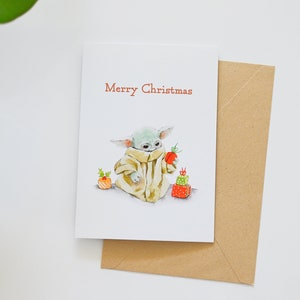 Cartão de Natal de Yoda do bebê | Cartão dobrado Grogu de <br> Entrega Rápida? Grogu boas festas cartão comemorativo | O Mandalorian Cartão Comemorativo | Presente para fãs do bebê Yoda