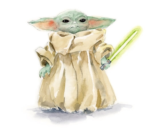 Bébé Yoda avec sabre laser affiches et impressions par