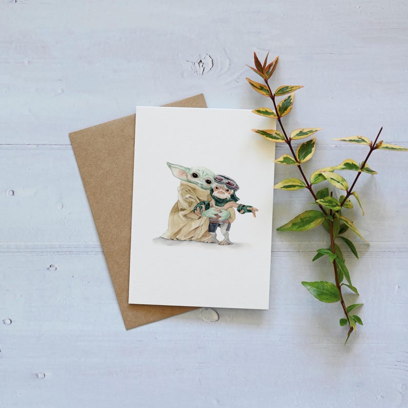 Grogu and Anzellan Happy Birthday Card: No Squeezie, Baby Yoda Fans Gift No message