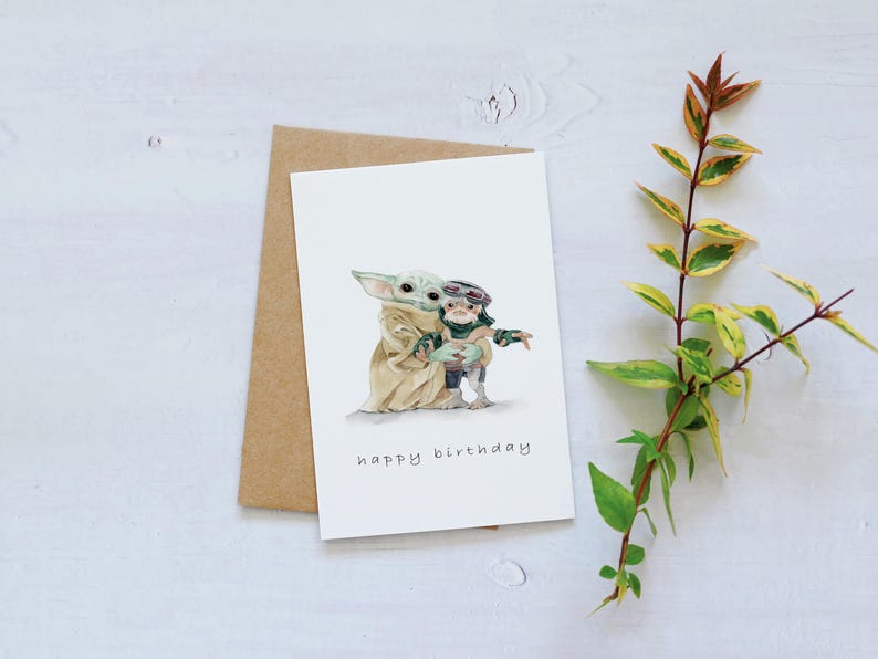 Grogu and Anzellan Happy Birthday Card: No Squeezie, Baby Yoda Fans Gift With message