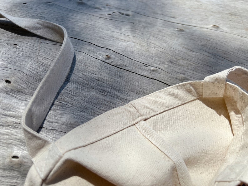 May include: A close-up of a natural-colored canvas tote bag with a single strap. The bag is folded in half and the strap is laying flat on a wooden surface.
