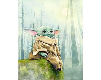 Grogu giclée art print, watercolor painting, Mandalorian fan art