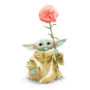 Lámina de Grogu y clavel rosa / Pintura de acuarela de Grogu / Lámina de guardería de Baby Yoda / Regalo del Día de la Madre