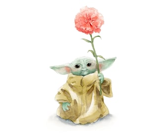 Lámina artística de acuarela Grogu / Clavel rosa, regalo para el Día de la Madre