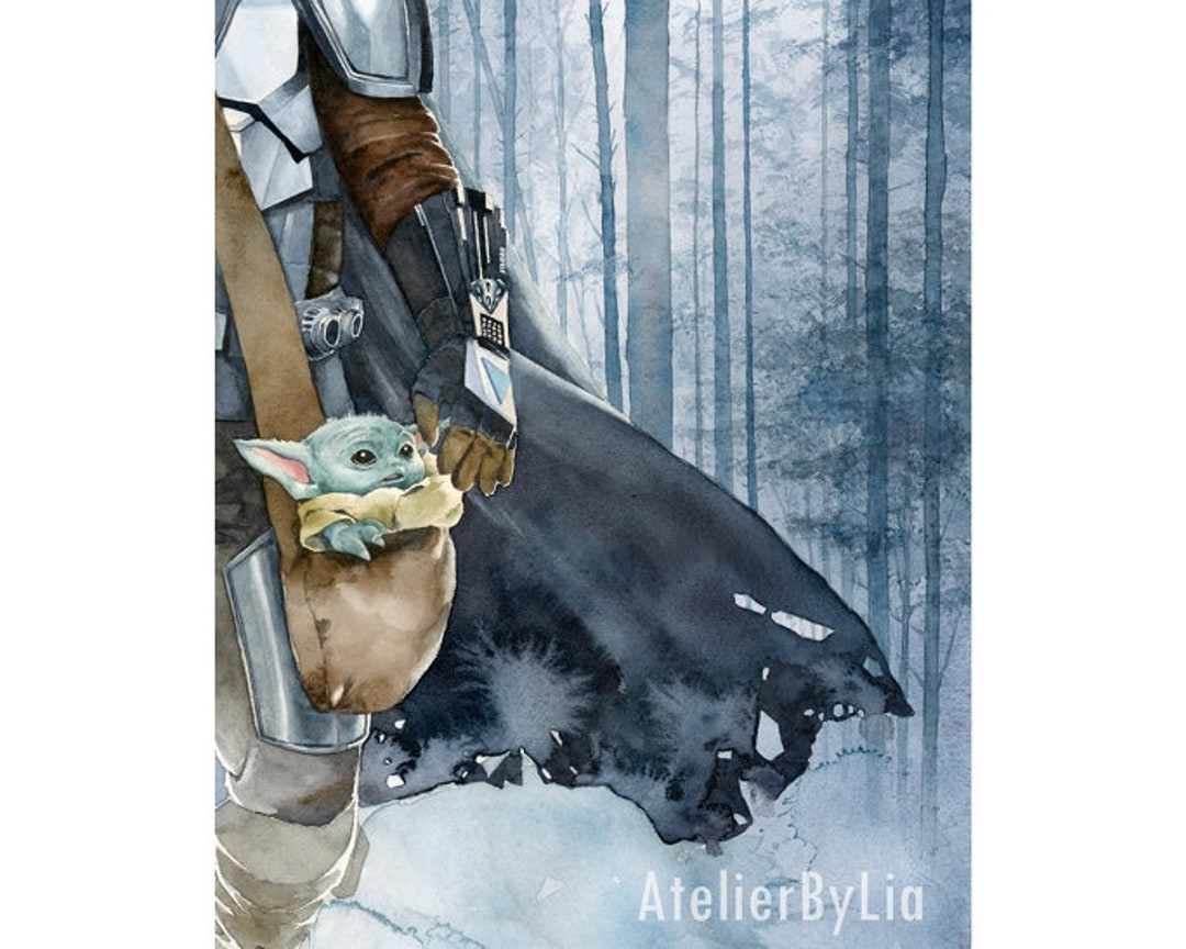 Grogu and Din Djarin Giclée Art Print the Mandalorian Watercolor