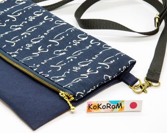 Borsa a tracolla giapponese IROHA Sacoche / Regalo unisex fatto a mano unico Viaggio a piedi Festa per uomini Minimalista Hiragana Blu Wagara Pouch #CB004