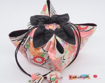 Japanese Drawstring Bag Kinchaku // Beautiful Handmade Gift Kiku Chrysanthemum Kimono Yukata Party Event Kawaii Pink Japanese Flower #KB040