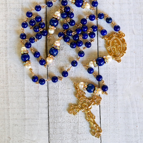 Lapis Lazuli, FATHER's DAY, Rosary, White Pearls, Gold-plated, AB Rhinestone Rondelles, Italian Crucifix & Medal, Catholic, Catholic Gifts