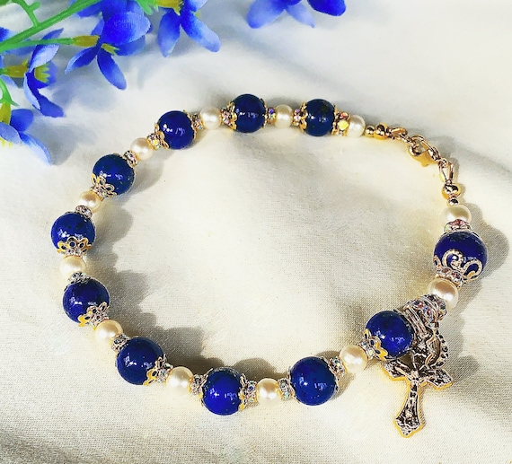 Free Shipping Dark Blue Lampwork Bead with Rose gold Swirls Stretch Bracelet Gold and Blue Sandstone Lapis Lazuli