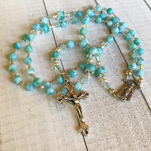 Larimar Rosary, Swarovski AB Crystals, Italian Crucifix & Medal, Catholic, Gift, Freshwater Pearls, BLUE, Wedding, Sterling Silver option