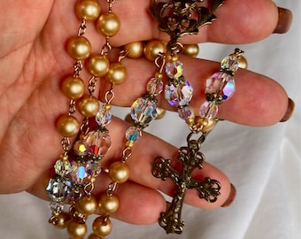 LARGE Bead Rosary, 50th Golden Wedding Anniversary, Swarovski Gold Pearls, Catholic, Gift, Large 10mm AB Crystals, AB Crystals,