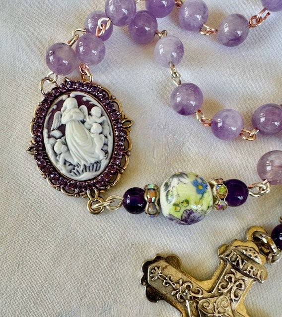 Amethyst, Purple, Lavender, Catholic Rosary, Rhinestones, Angel Cameo ...