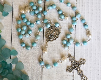 Larimar, Rosary, Freshwater Pearls, Sterling, Catholic, Gift for Mom, Catholic Gifts, Blue Gemstone, Heirloom, Rare