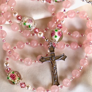 Beautiful Madagascar Rose Quartz Rosary, MOTHER&#39;S DAY, Swarovski, Catholic, Sterling Silver, Floral Lampwork, Heirloom, Freshwater Pearls