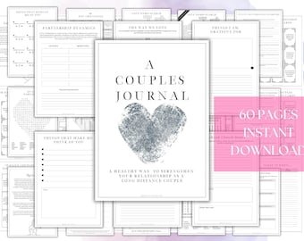 May include: A black and white printable couples journal with a gray heart and the text "A Couples Journal" and "60 Pages Instant Download".