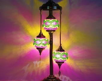 3 Globe Hanging Table Floor Lamp ,Turkish Handmade Moroccan Light ,Vintage , Green Monga, Antique, Home-Décor , Bedroom , Lobby , Antique