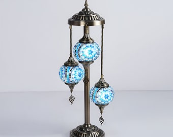 3 Globe Hanging Table Floor Lamp ,Turkish Handmade Moroccan Light ,Vintage , Ice Blue , Antique, Home-Décor , Bedroom , Lobby , Antique