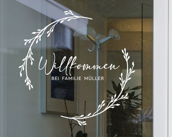 Aufkleber Sticker "Willkommen bei Familie (Personalisiert)" Kranz Türaufkleber Fensteraufkleber, Familie, Eingangstür Spiegel