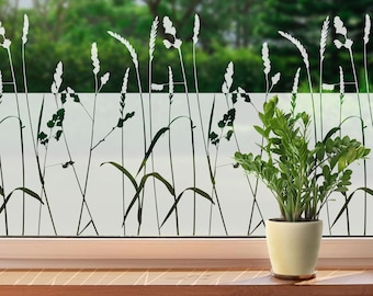 May include: A window with a white frosted privacy film featuring a silhouette of tall grass. A small potted plant sits on the windowsill.