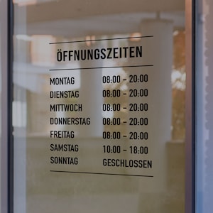 Öffnungszeiten Aufkleber, Schaufensteraufkleber, selbstklebendes Vinyl Sticker, Geschäftsöffnungszeiten Schaufenster Schild personalisierbar