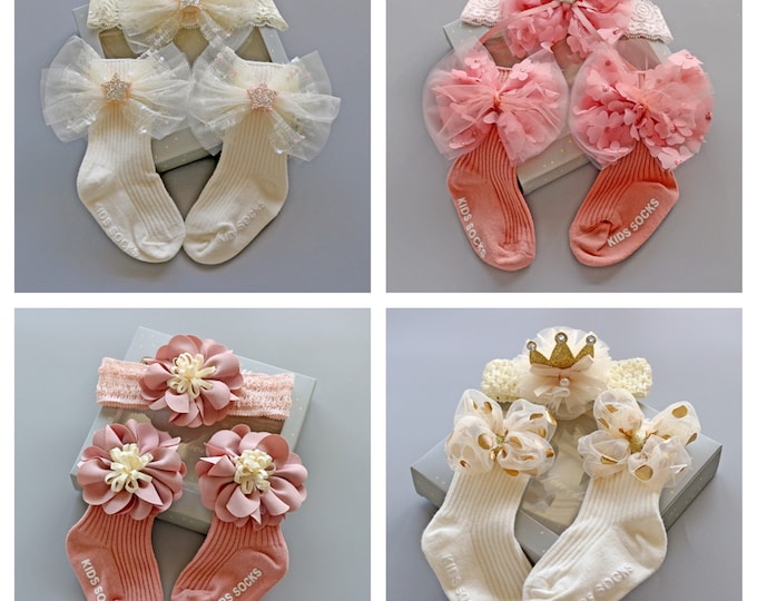 Baby Girls kids Toddler Tutu Flower socks, Princess gold dot pom pom Headbands , Newborn Toddler Ankle Socks, Hair Headband Gift Set