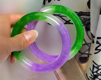 Natural Green Jade Bangle For Women|Dual Color Jade Bangle Bracelet|Violet Jadeite Lucky Bangle|Purple Healing Gemstone Bangle|Gift For Her