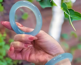 Natural Ice Blue Clear Crystal Jade Bangle For Women |Transparent Lucky Jade Real Jadeite Healing Blue Gemstone Bangle Bracelet|Gift For Her