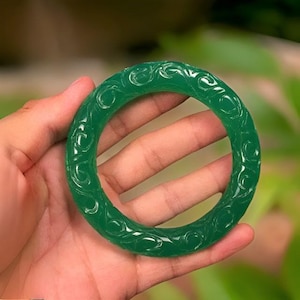 Natural! Myanmar Green Jade Bangle For Women|Dragon Hand Carved Jadeite Jade Bangle Bracelet|Rare Lucky Healing Gemstone Bangle|Gift For Her