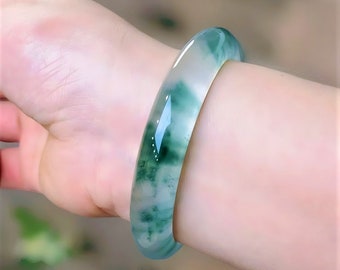 Natural Floating Flower Jade Bangle For Women|Crystal Ice Jadeite Bangle Bracelet|Healing Gemstone Clear Ice Green Bangle|Bday Gift For Her