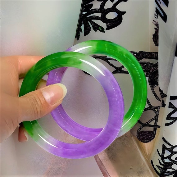 Natural Green Jade Bangle For Women|Dual Color Jade Bangle Bracelet|Violet Jadeite Lucky Bangle|Purple Healing Gemstone Bangle|Gift For Her