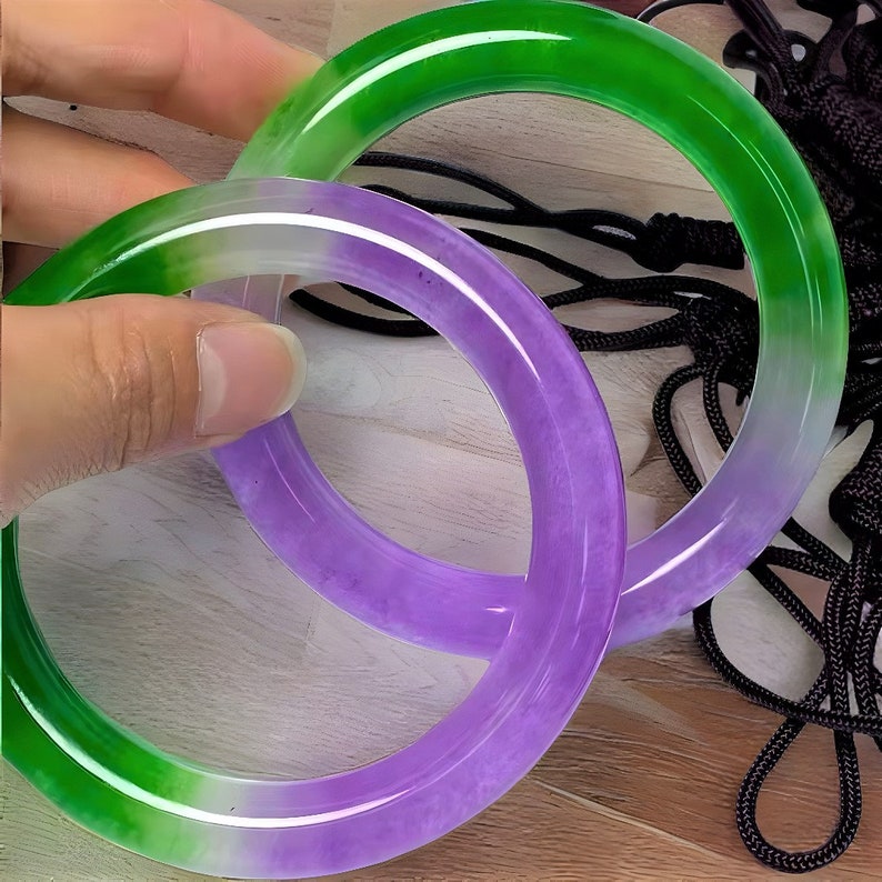 Natural Green Jade Bangle For Women|Dual Color Jade Bangle Bracelet|Violet Jadeite Lucky Bangle|Purple Healing Gemstone Bangle|Gift For Her image 3