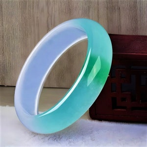Echt!! Grüner und weißer Jade Armreif für Frauen|Eisgrün Kristall Armreif Armband|Heil Edelstein Jadeit Jade Schmuck|Bday Geschenk für Sie