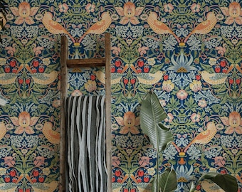 William Morris Strawberry Thief Wallpaper, Removable & Traditional Design, Elegant Classic Wall Decor, Self-Adhesive