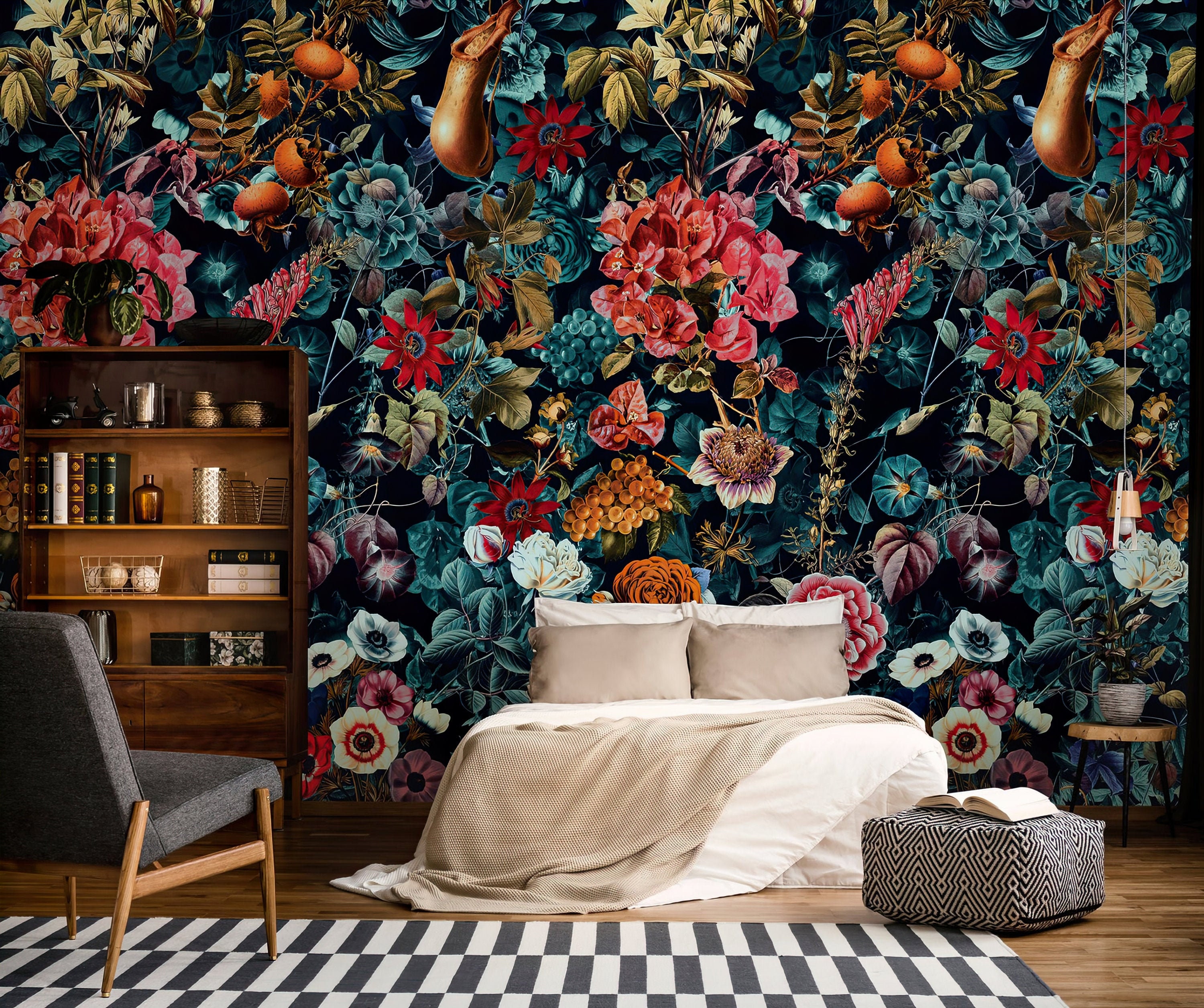 Dark Garden Floral Peel and Stick Wallpaper Mural, Removable Moody Botanical Wall Art for Bedroom, Office, or Living Room Interior Decor