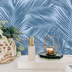 Blue Palm Leaves Removable Wallpaper, Tropical Palm Leaf, Traditional or Self Adhesive Wallpaper