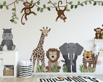 Safari Tiere Wandaufkleber, Dschungel-Kinderzimmer-Dekor, repositionierbare Aufkleber, selbstklebend, Renter-freundlich, abnehmbare Rolle
