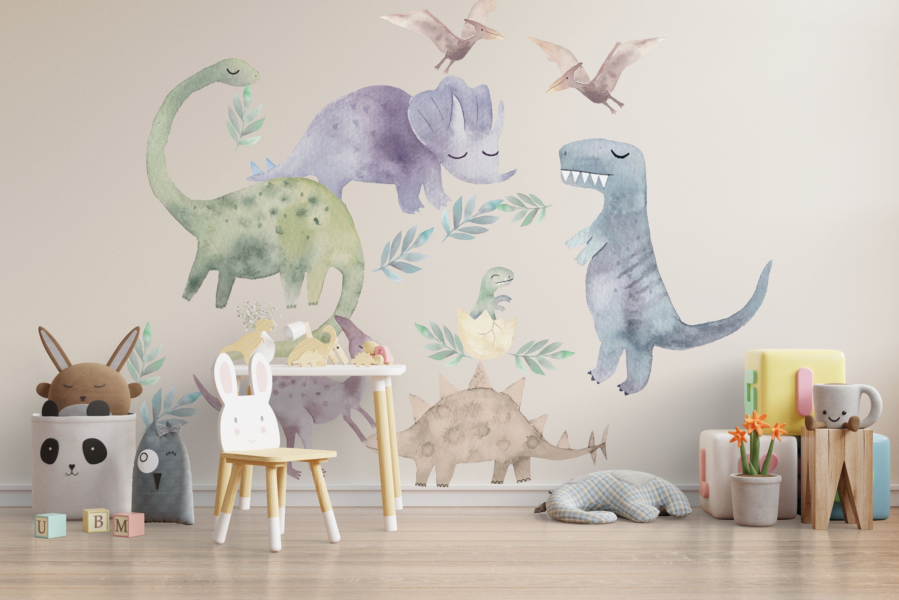 Dino Set Paste, Wall sticker for kids, Children Dinosaur Wall Decals Set  for Kids Bedroom, Nursery Watercolour Dino Stickers, Peel and Stick
