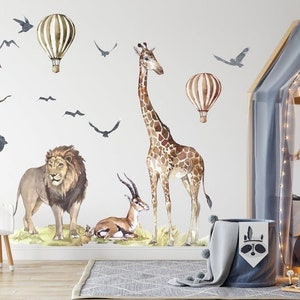 Conjunto de decalques de parede de aquarela de animais grandes para crianças, adesivos removíveis de animais fofos de safári, leão, elefante para berçário, descasque e cole