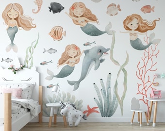 Watercolor Mermaid Wall Decals, Undersea Nursery Decor, Girls Room Stickers (Peel and Stick), Self-Adhesive, Renter Friendly