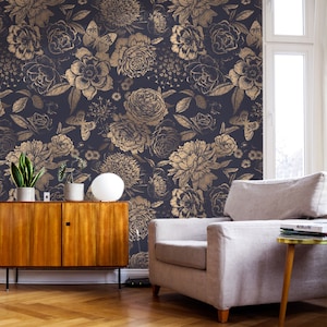 Vintage Flower Gold Color Wallpaper | Removable Wallpaper | Peel and Stick Wallpaper | Wall Paper | Wall Mural