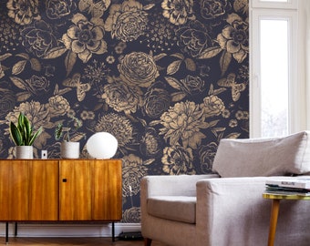 Vintage Gold Flower Wallpaper - Removable Peel and Stick Wall Mural, Self-Adhesive, Renter Friendly, Accent Room Decor