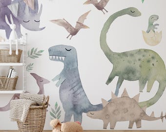 Colorful Dinosaur Wall Decals, Kids Room Decor, Peel, Self-Adhesive, Renter Friendly, Removable Roll, Modern Space Design