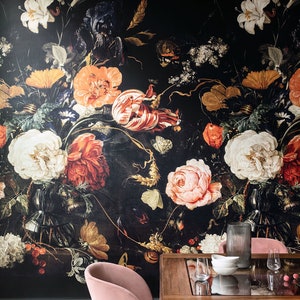 Dark Floral Wallpaper Peel and Stick | Dutch Floral Wall Mural | Removable Wallpaper