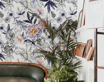 Sketchy Floral Peel and Stick Wallpaper, Removable Wall Decor, Self-Adhesive, Renter Friendly, Modern Space Design